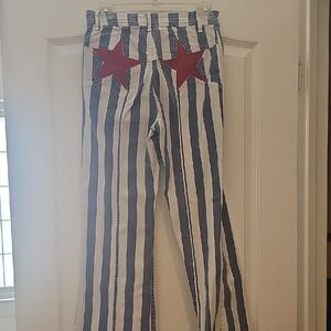 Free People Navy & White Striped Flare Jeans with Red Star Patches
